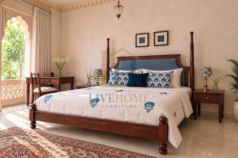 Jodhpur Heritage Solid Wood Poster Bed with Upholstered Headboard
