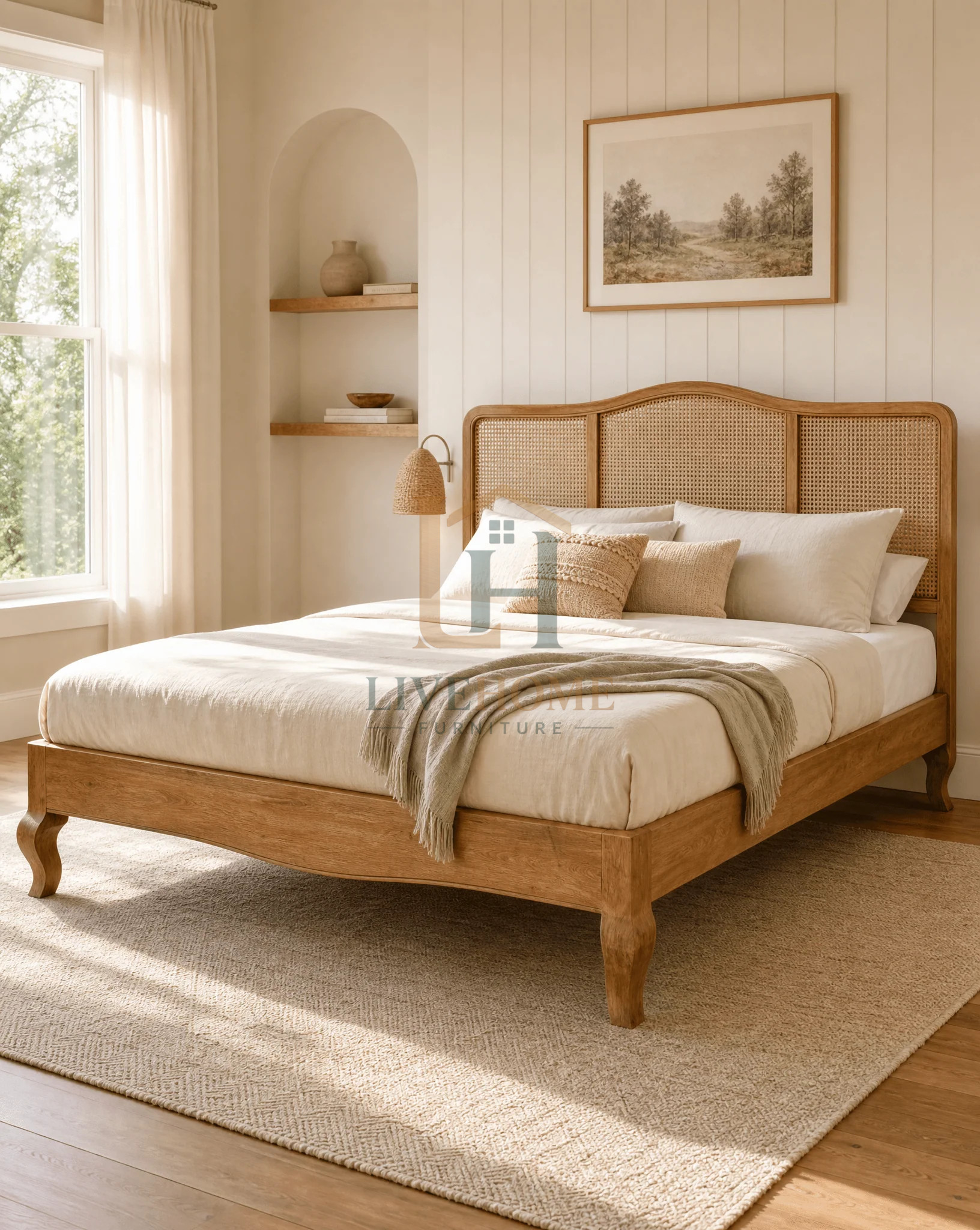 Elegant Cane Panel Wooden Bed