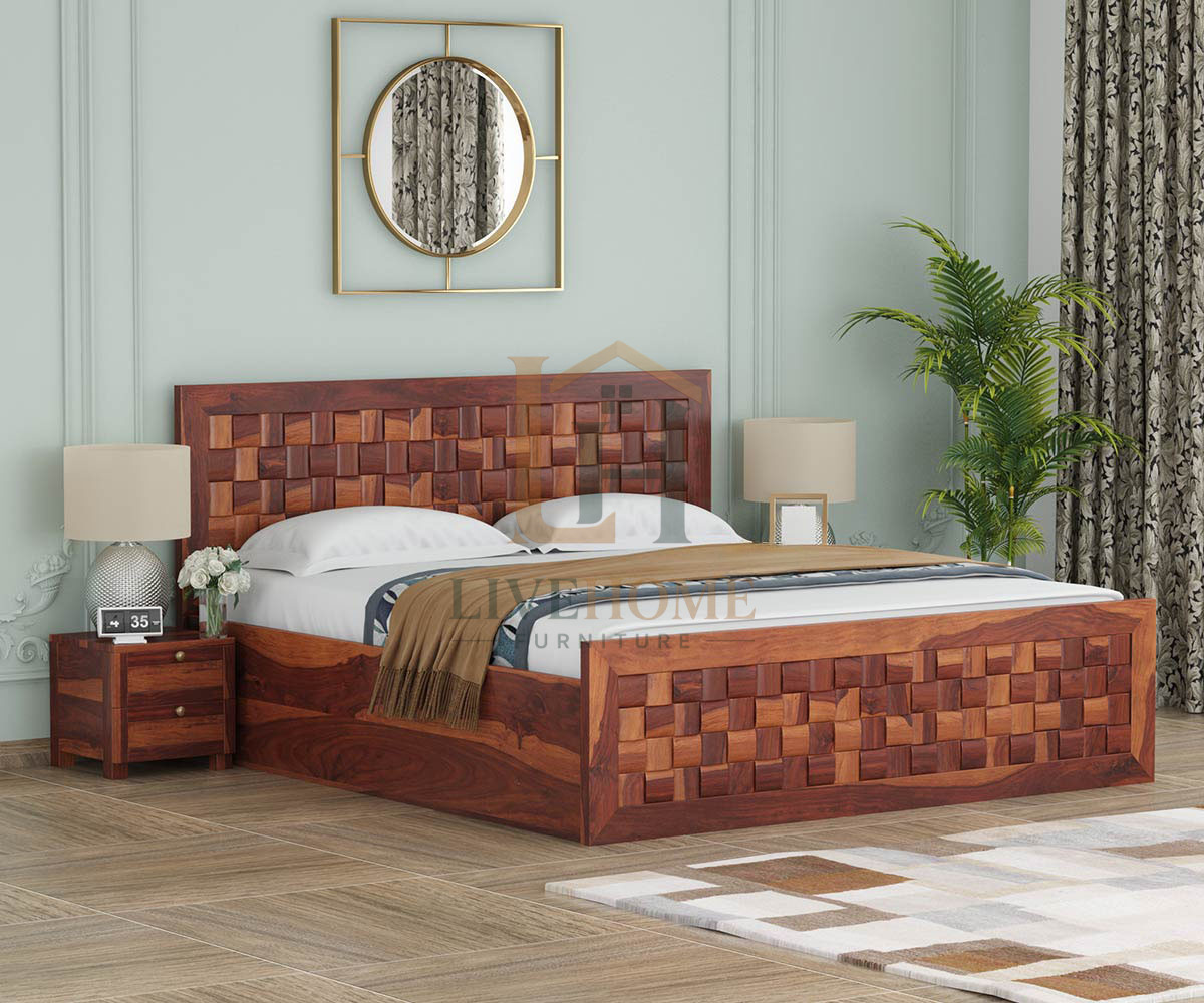 Kyra Sheesham Wood King Size Bed with Storage Box | Premium Niwar Patti Headboard