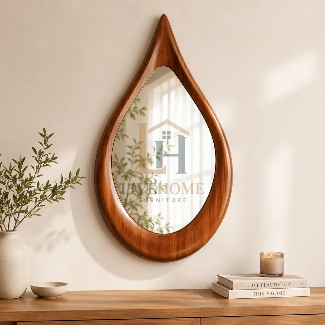 Premium Wooden Teardrop Wall Mirror | Minimal Aesthetic Decorative Mirror for Living Room, Bedroom &