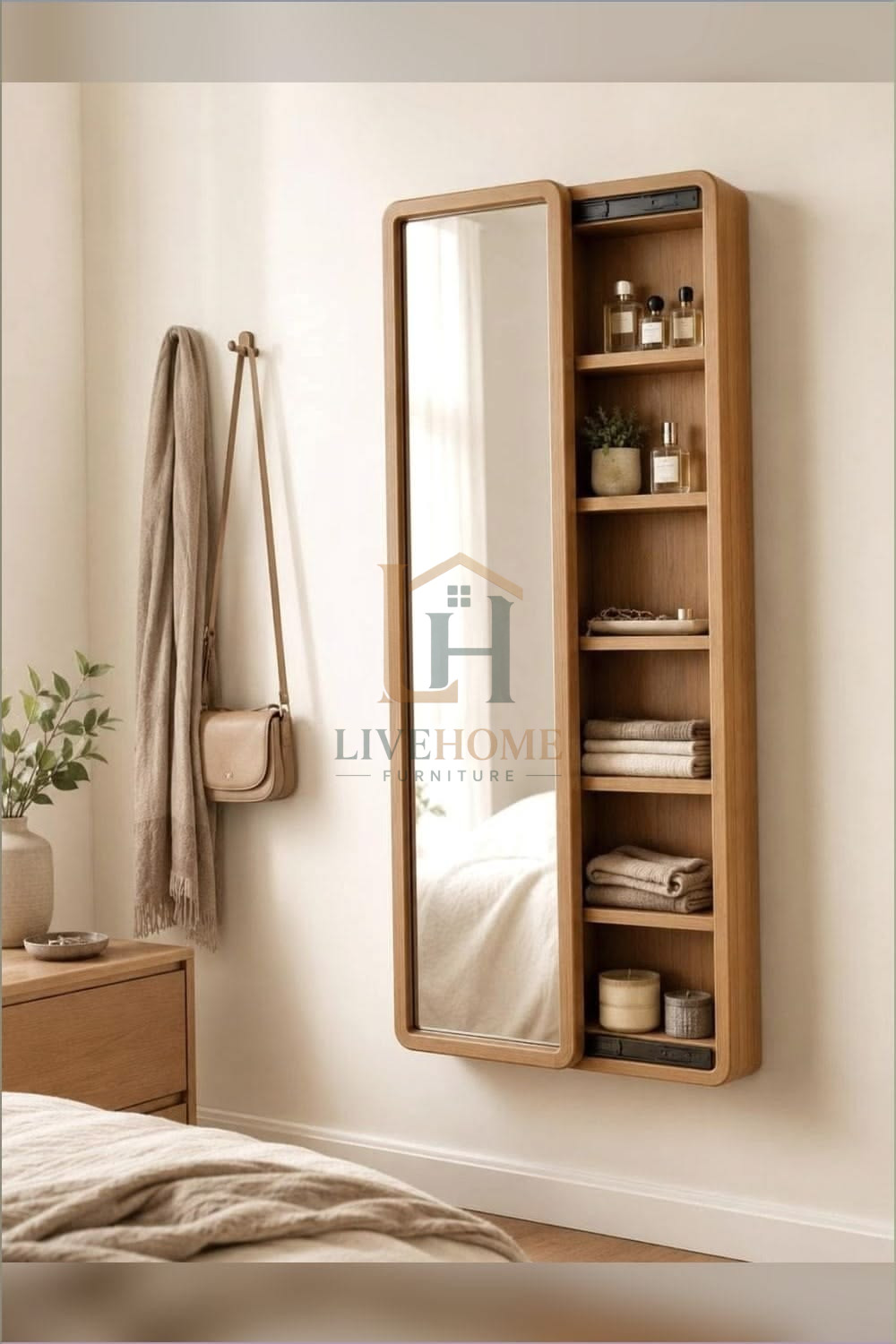 Modern Wooden Dressing Mirror with Open Storage Shelves