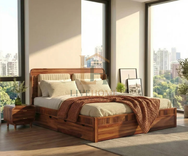 Lotus Premium Sheesham Wood Bed with Box Storage